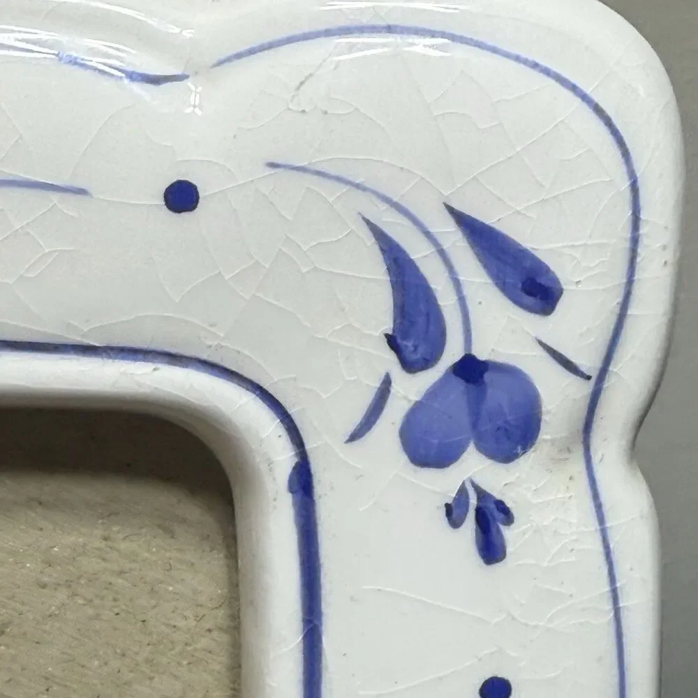 Vintage Blue White Floral Ceramic Freestanding Photo Frame 5x7 Some Crazing